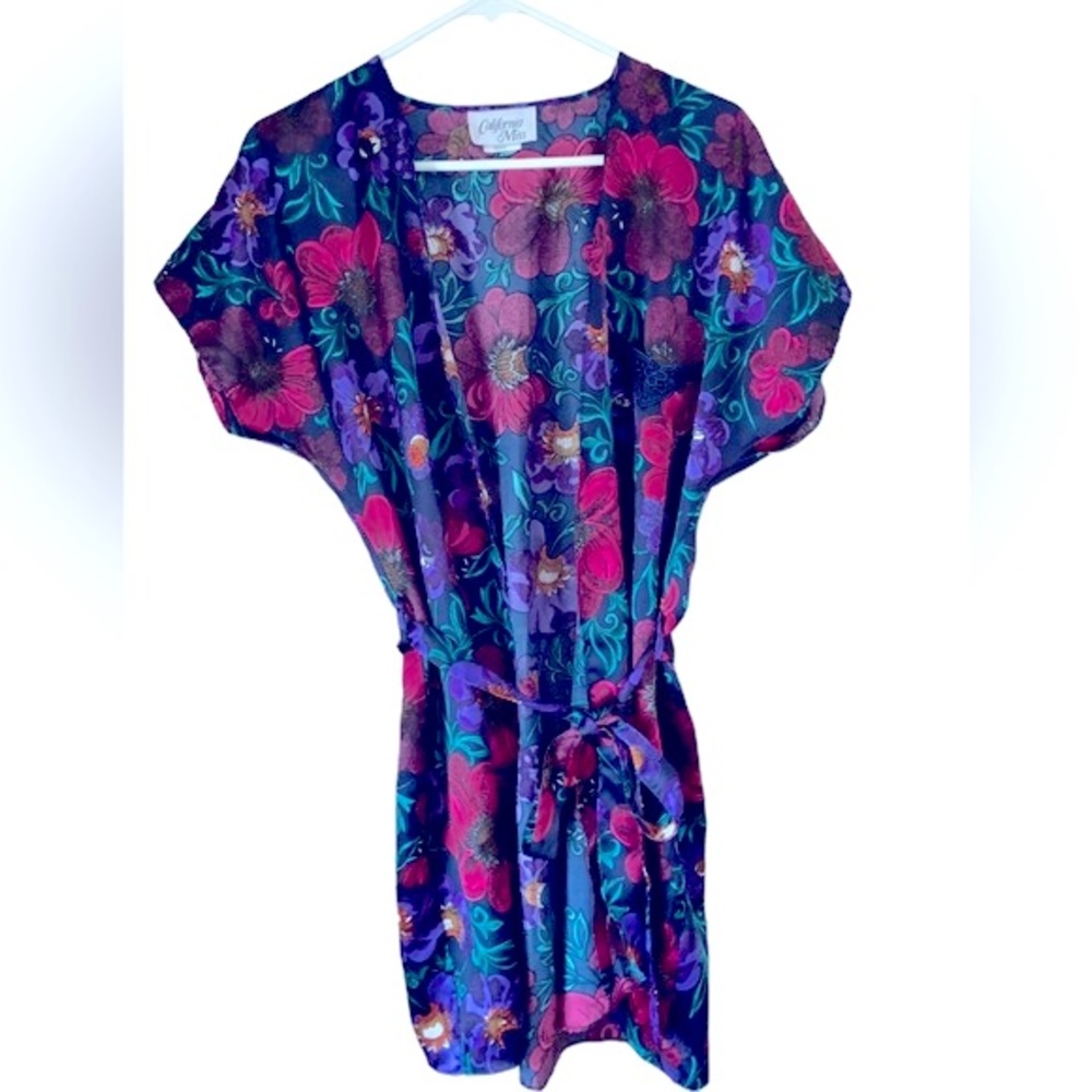 Vintage California Miss Floral Silky Short Robe Kimono Pink Purple USA Size S